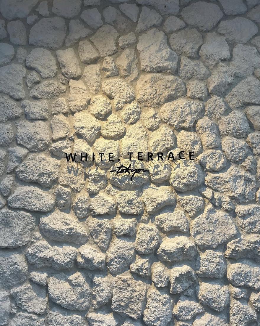 白い石積み調の壁に、WHITE TERRACE tokyo の文字が取り付けられている。上からの光で石の凹凸に影ができている